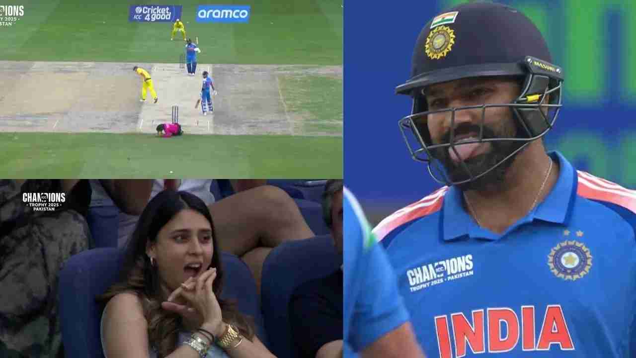 Rohit Sharma’s explosive straight drive nearly strike umpire Chris Gaffaney who dodged it just in time See the viral video from the India vs Australia semi-final in Dubai