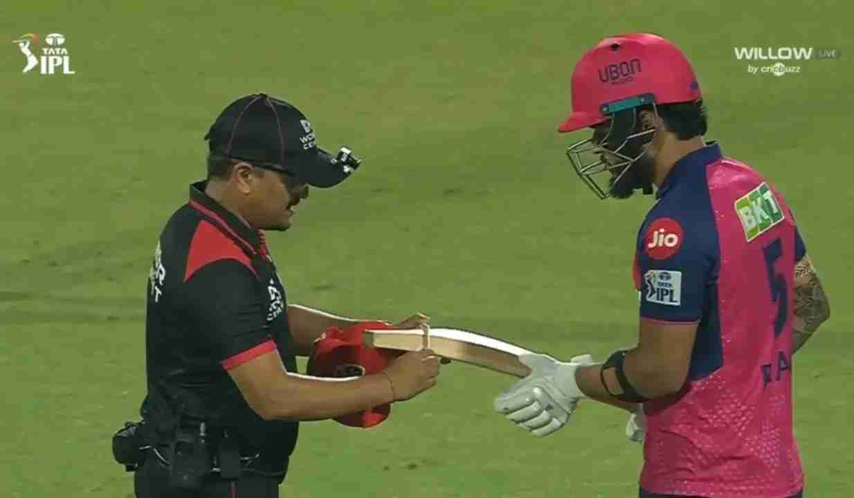 Riyan Parag Gets into argument with Umpire after bat fails test in IPL 2025 Match against DC