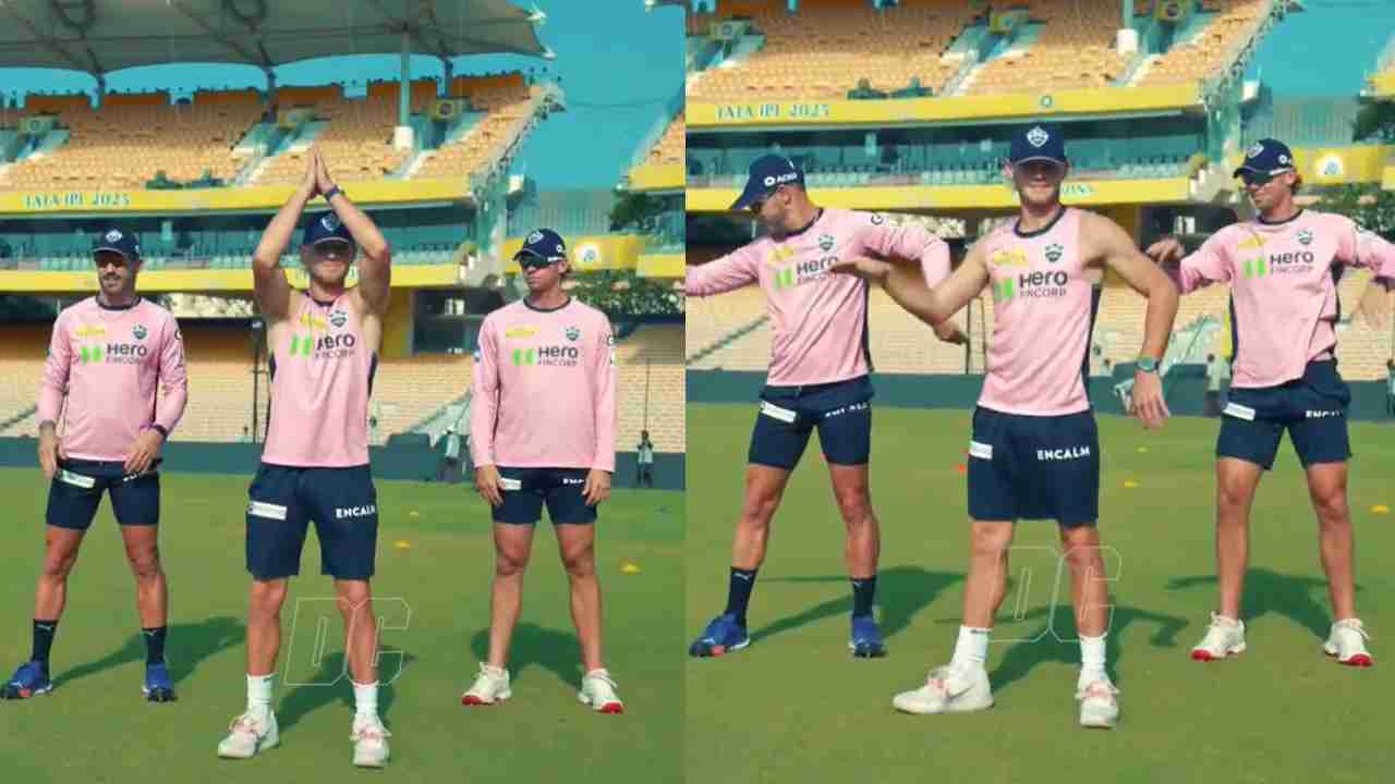 Jake Fraser-McGurk, Faf du Plessis and Tristan Stubbs dance