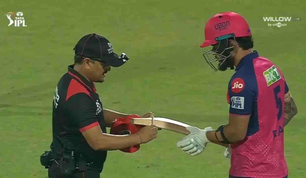 Riyan Parag Gets into argument with Umpire after bat fails test in IPL 2025 Match against DC