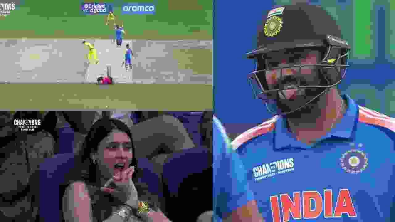 Rohit Sharma’s explosive straight drive nearly strike umpire Chris Gaffaney who dodged it just in time See the viral video from the India vs Australia semi-final in Dubai