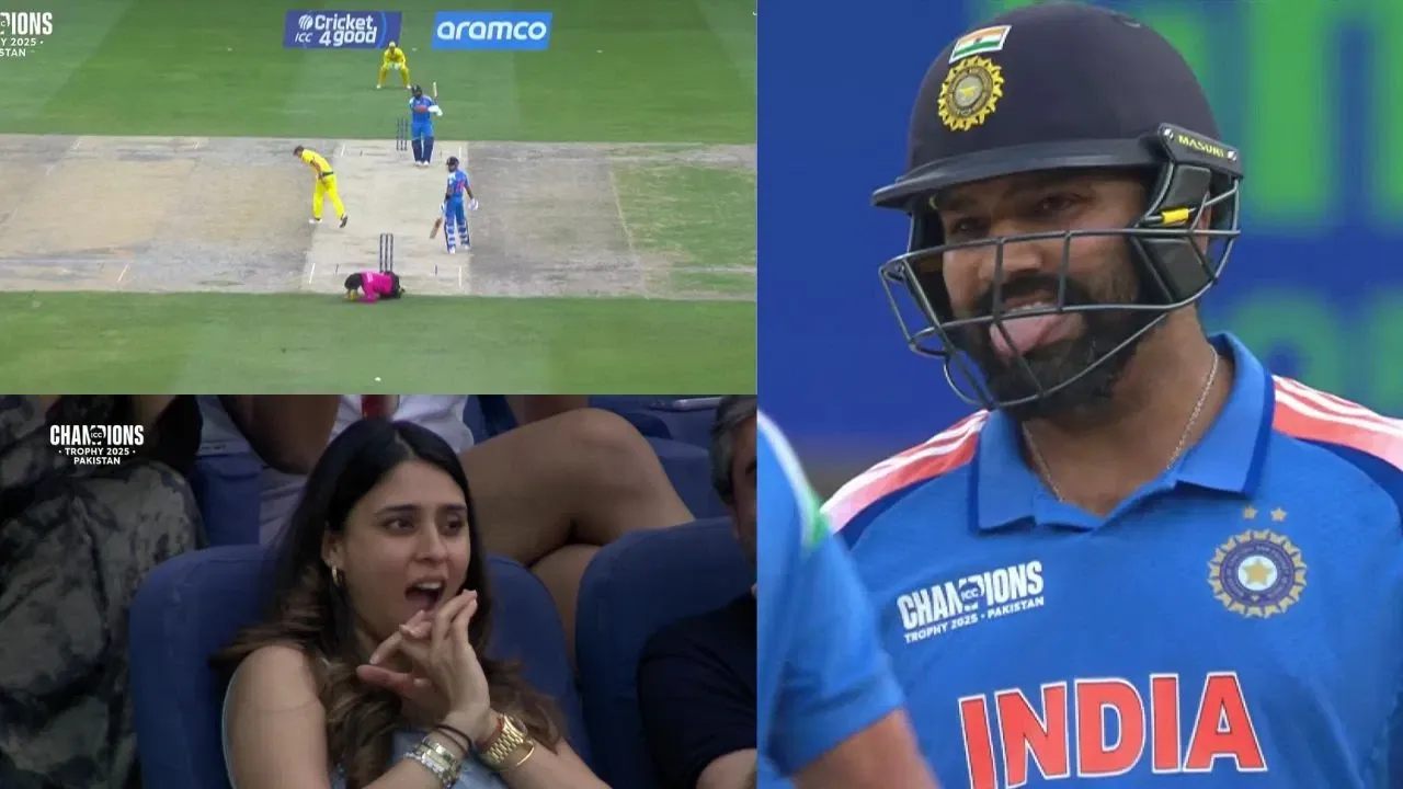 Rohit Sharma’s explosive straight drive nearly strike umpire Chris Gaffaney who dodged it just in time See the viral video from the India vs Australia semi-final in Dubai
