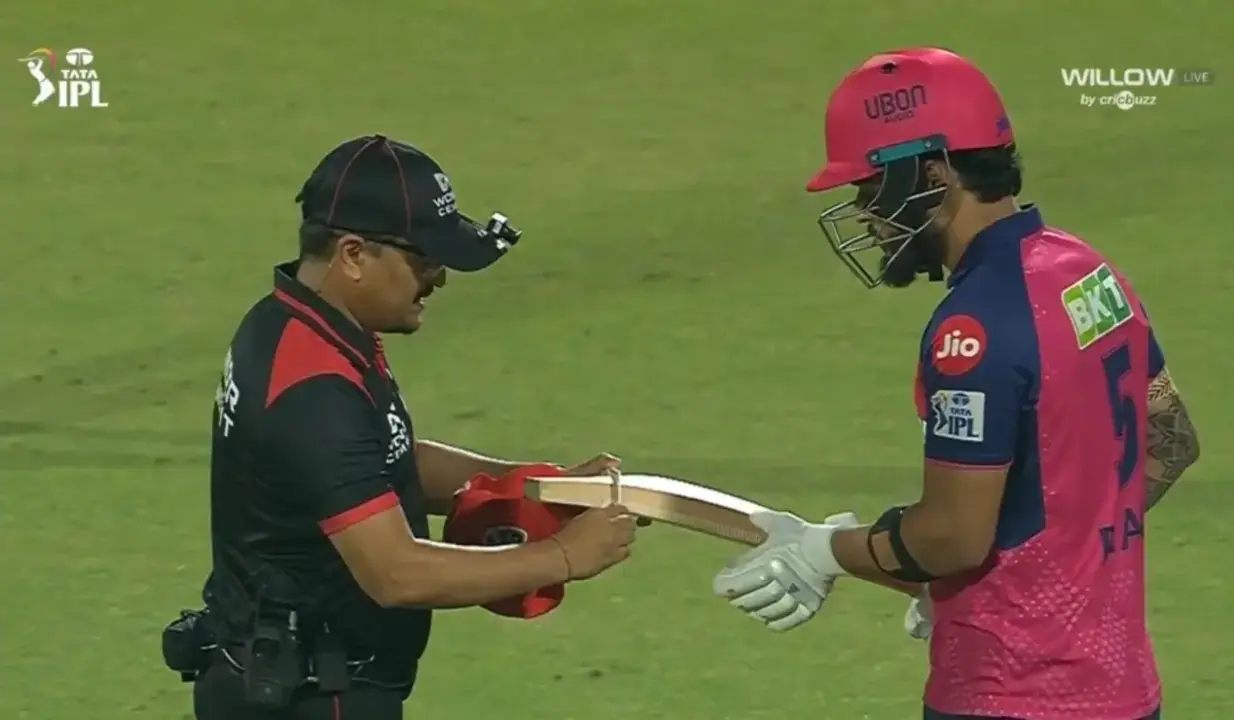 Riyan Parag Gets into argument with Umpire after bat fails test in IPL 2025 Match against DC